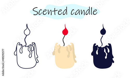 Scented candle with flowing wax and fire. Vector illustration in color, linear and solid design on a white background.