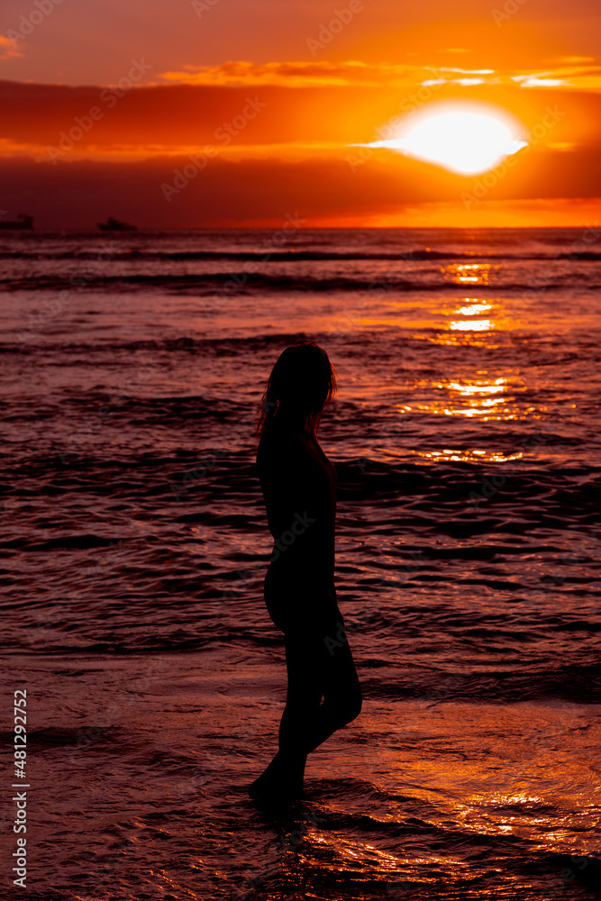 Hawaii Sunset Silhouette of Surfer Girl