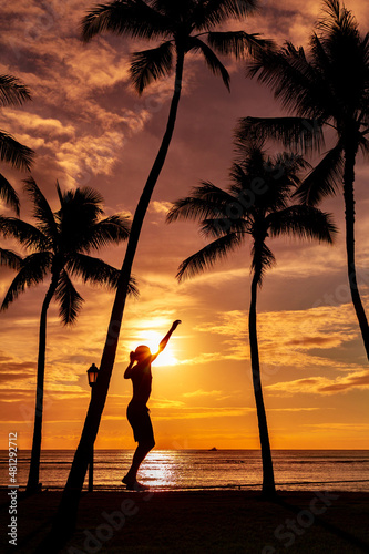 Hawaii Sunset Palm Tree Silhouette with Slackliner