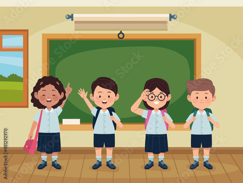 four students kids in classroom