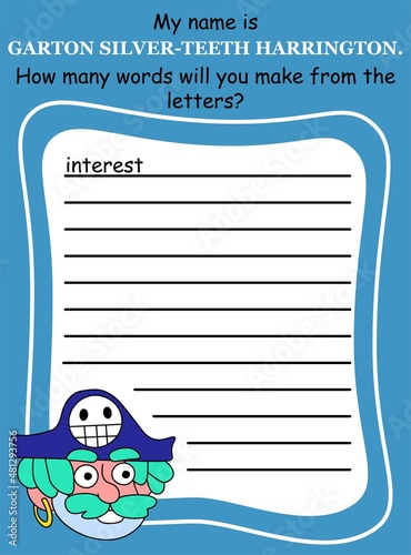 Educational word game with cartoon pirate vector illustration. Anagram game activity page for children in English. Create and write as many word as you can by letters of the pirate name photo