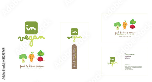 Set of vegen logo and card design for business. logo of vegetarian for restaurant or market. 