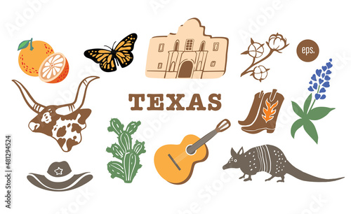 Texas symbol. Vector illustrations set: animals, plants, objects