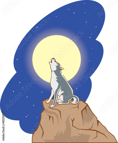 崖の上で遠吠えをしているオオカミのイメージイラスト