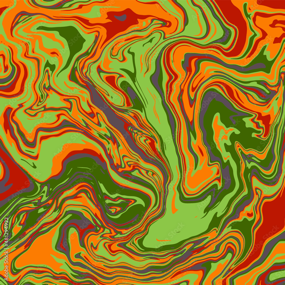 Fluid art texture. Abstract background with swirling paint effect.  Liquid acrylic picture that flows and splashes. Mixed paints for interior poster. Green, yellow and orange iridescent colors. 
