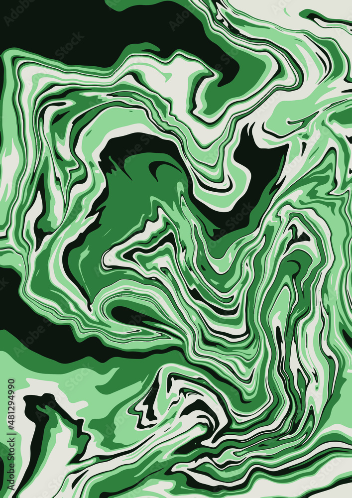 Fluid art texture. Abstract background with swirling paint effect.  Liquid acrylic picture that flows and splashes. Mixed paints for interior poster. Green and gray iridescent colors. 