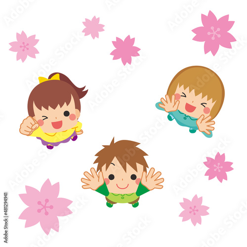 こちらを見上げて手を挙げている可愛い小さな子供たちのイラスト 俯瞰 桜 クリップアート 白背景