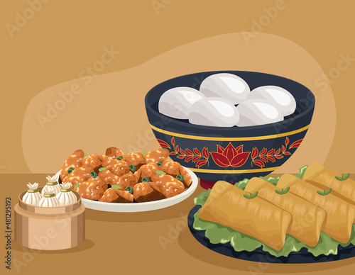 four chinese food dishes scene