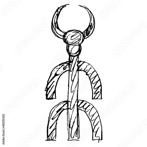 Stylized figure of god Baal Hadad. Horned man with bull head. Mythology of ancient Near East. Hand drawn linear doodle rough sketch. Black silhouette on white background. photo