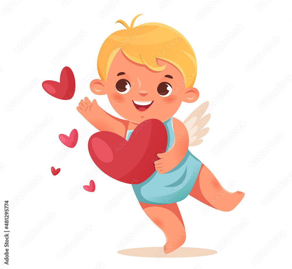 Funny cupid, little angels or amur. Cupid catches hearts. Romantic flat character. Funny cupid, little angels or amur. Cupid catches hearts. Romantic flat character.