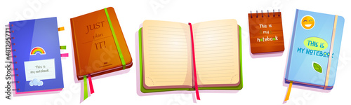Notebooks, closed and open notepads of different size and design. Diary with colorful cover and bookmarks, lined pages, spiral, memo, office planner and to-do list isolated Cartoon vector illustration