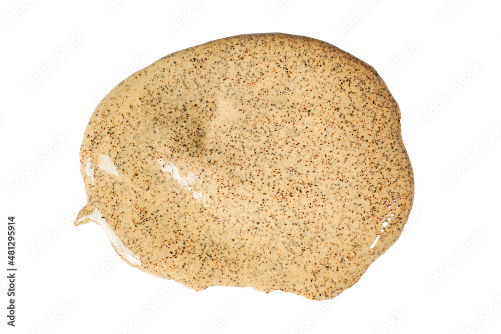 Smeared drop of brown scrub isolated on white background. Beauty and skin care conception. Coffee anti-cellulite body scrub Smeared drop of brown scrub isolated on white background. Beauty and skin care conception. Coffee anti-cellulite body scrub