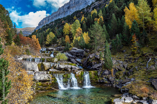 Autumn view of beautiful nature in Ordesa and Monte Perdido NP  Pyrenees  Aragon in Spain.