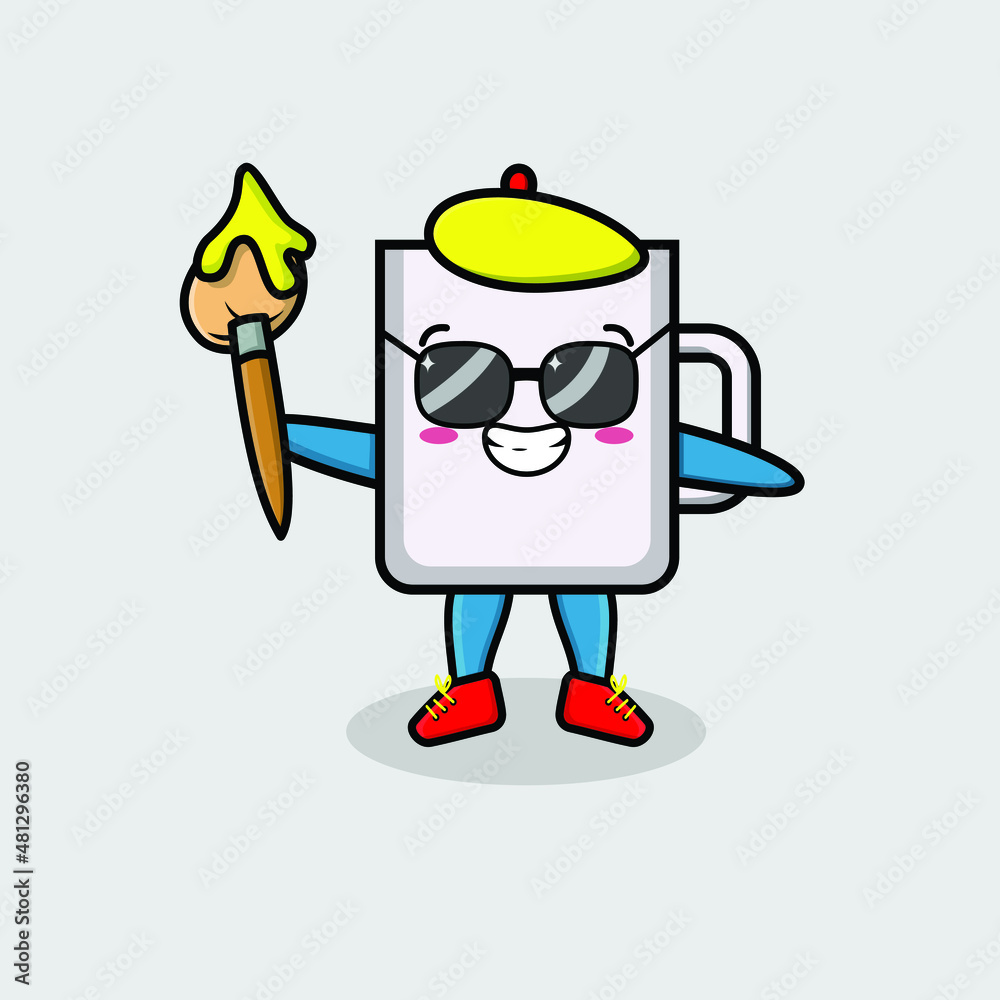 Cute cartoon character Coffee tea cup painter with hat and a brush to draw in cute design style design for t-shirt, sticker, logo element Cute cartoon character Coffee tea cup painter with hat and a brush to draw in cute design style design for t-shirt, sticker, logo element