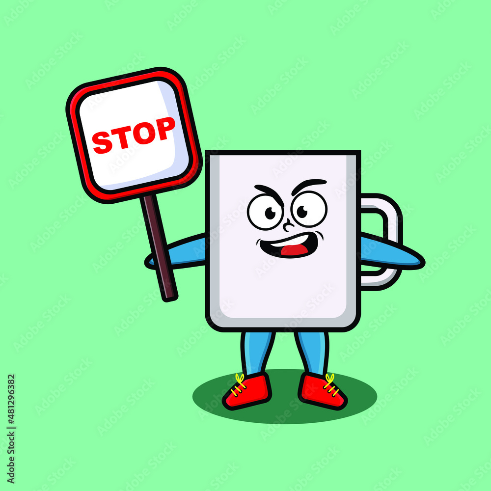 Cute Cartoon mascot illustration coffee tea cup with stop sign board vector drawing cute modern style design for t shirt, sticker, logo element for t-shirt, sticker, logo element