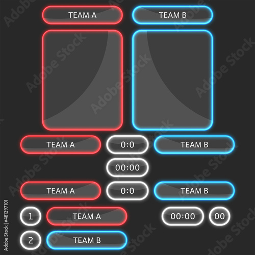 Score board glass translucent panels mockup, glowing neon sports statistics for blue and red two team or players computer game.