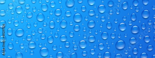 Condensation water drops on blue background. Rain droplets with light reflection on window surface, abstract wet texture, scattered pure aqua blobs pattern, backdrop, Realistic 3d vector illustration