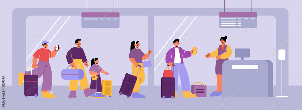 Fototapeta premium Airport terminal with check desk. People with suitcases standing in queue to registration for departure. Vector flat illustration of passengers with luggage and tickets in line to checkin counter