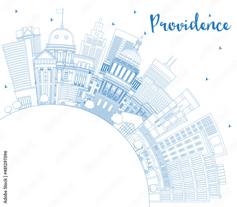 Outline Providence Rhode Island City Skyline with Blue Buildings and Copy Space.
