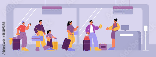 Airport terminal with check desk. People with suitcases standing in queue to registration for departure. Vector flat illustration of passengers with luggage and tickets in line to checkin counter