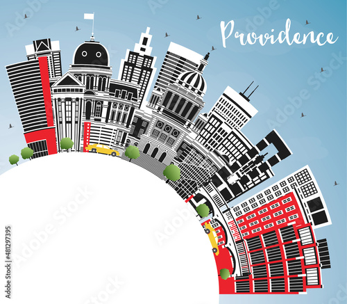Providence Rhode Island City Skyline with Color Buildings, Blue Sky and Copy Space.