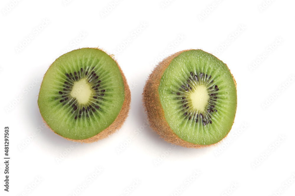 Cut kiwi on a white background, isolate.Delicious and healthy fruits.