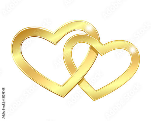 Two golden heart linked together. Valentines Day card.