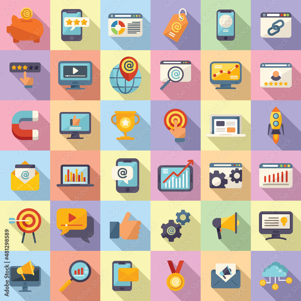 Online marketing icons set flat vector. Digital campaign