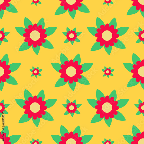 abstract red flower seamless pattern on yellow background for decorative website banner or house wallpaper and gift wrapping paper or fabric graphic design © piggu