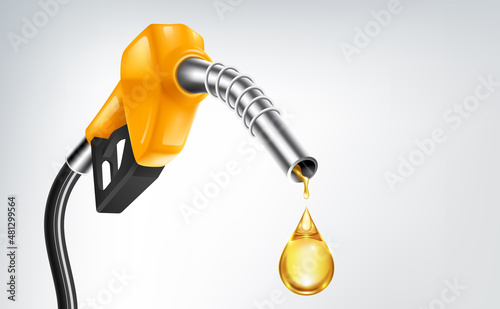 Gasoline yellow fuel pump nozzle isolated with drop oil on white background, oil industry and refuel service concept, vector illustration photo