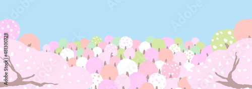 Foto 桜咲く山の風景　ほっこり、はんなりとしたやさしい色使いの背景イラスト