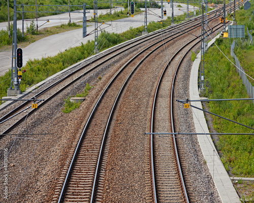 Umea, Norrland Sweden - June 17, 2020: railway tracks seen from above bridge