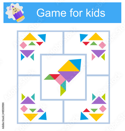 Educational logical game for kids. Find the right set of geometric shapes. Preschool worksheet activity.