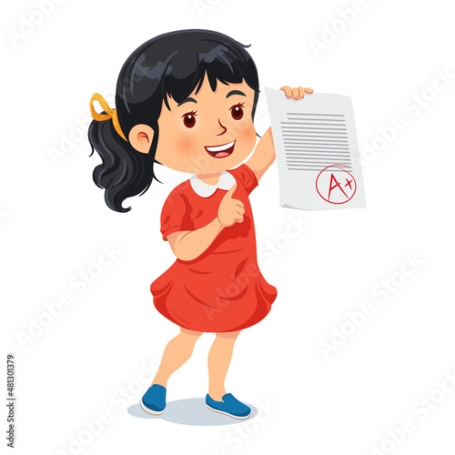 Cheerful girl shows perfect test results, including an A plus grade. Vector illustration