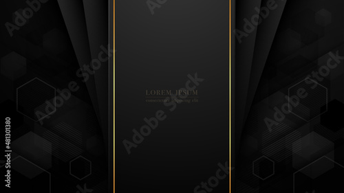 Background with abstract geometric pattern. Black hexagon shapes with textured layers and golden lines compose this composition. Vector illustration