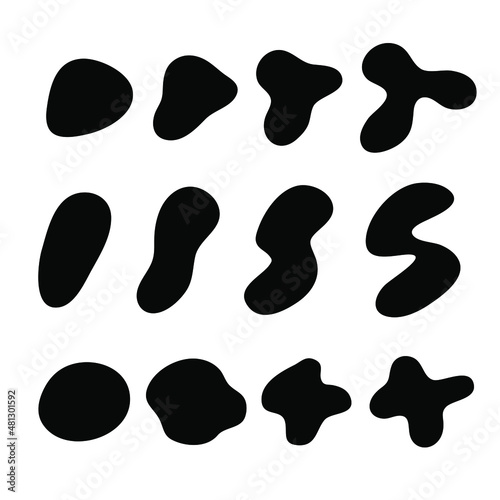 Organic irregular shapes, stone or black blobs. Organic deformation random spot. Abstract pebble silhouettes, blotch and inkblot. Simple liquid splodge elements water forms. Vector minimal bubble.