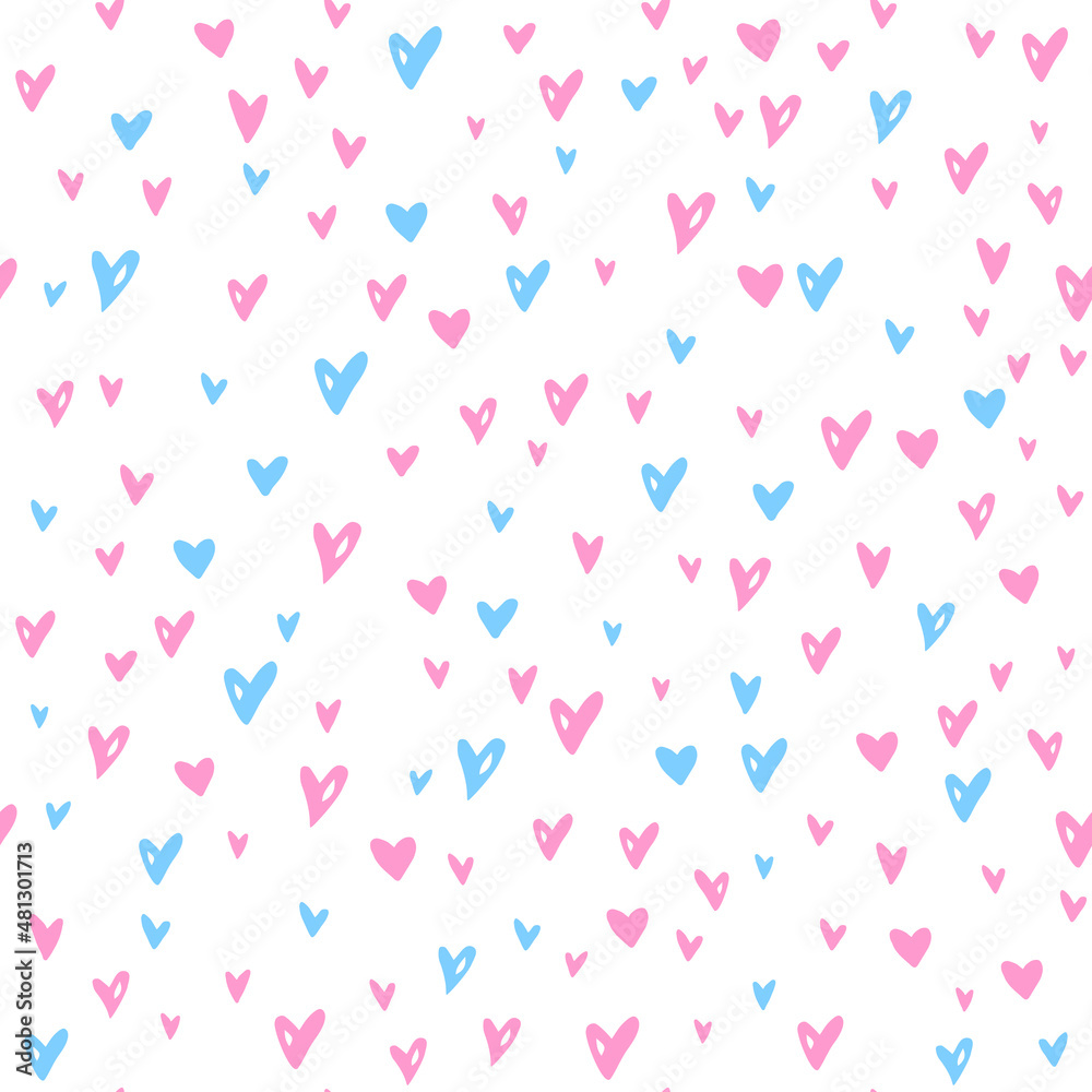 Vector Seamless abstract pattern of small blue pink hearts. Hand drawn doodle background, texture for textile, wrapping paper, Valentines day.