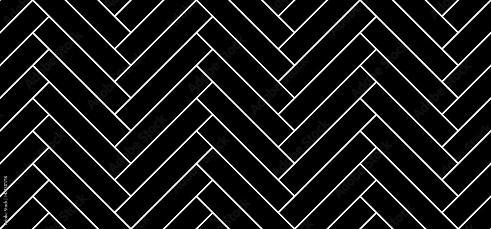 Black herringbone parquet floor seamless pattern with diagonal panels. Vector wooden or brick wall texture. Modern interior background. Outline monochrome wallpaper.