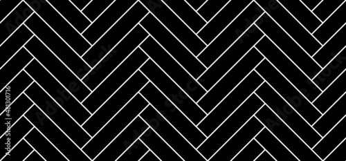 Black herringbone parquet floor seamless pattern with diagonal panels. Vector wooden or brick wall texture. Modern interior background. Outline monochrome wallpaper.