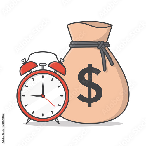 Sack Of Money With Alarm Clock Vector Icon Illustration. Time Is Money Concept Flat Icon