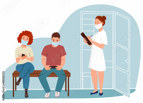 The doctor calls the patient to the office. An appointment with a therapist. masked people of different ages waiting in line. Vector illustration in a flat style.