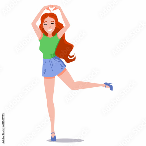 A girl with long legs dances on one leg. Vector illustration in a flat cartoon style, isolated on a white background.