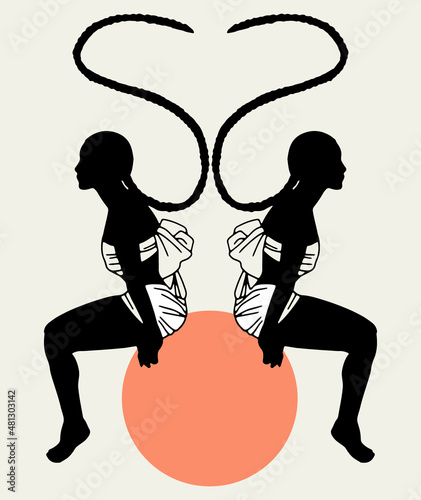 Vector hand drawn illustration of  skinny black woman in loincloth with pigtail  . Tattoo artwork. Template for card, poster, banner, print for t-shirt, pin, badge, patch.
