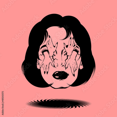 Vector hand drawn illustration of surrealistic  woman  . Tattoo artwork. Template for card, poster, banner, print for t-shirt, pin, badge, patch.