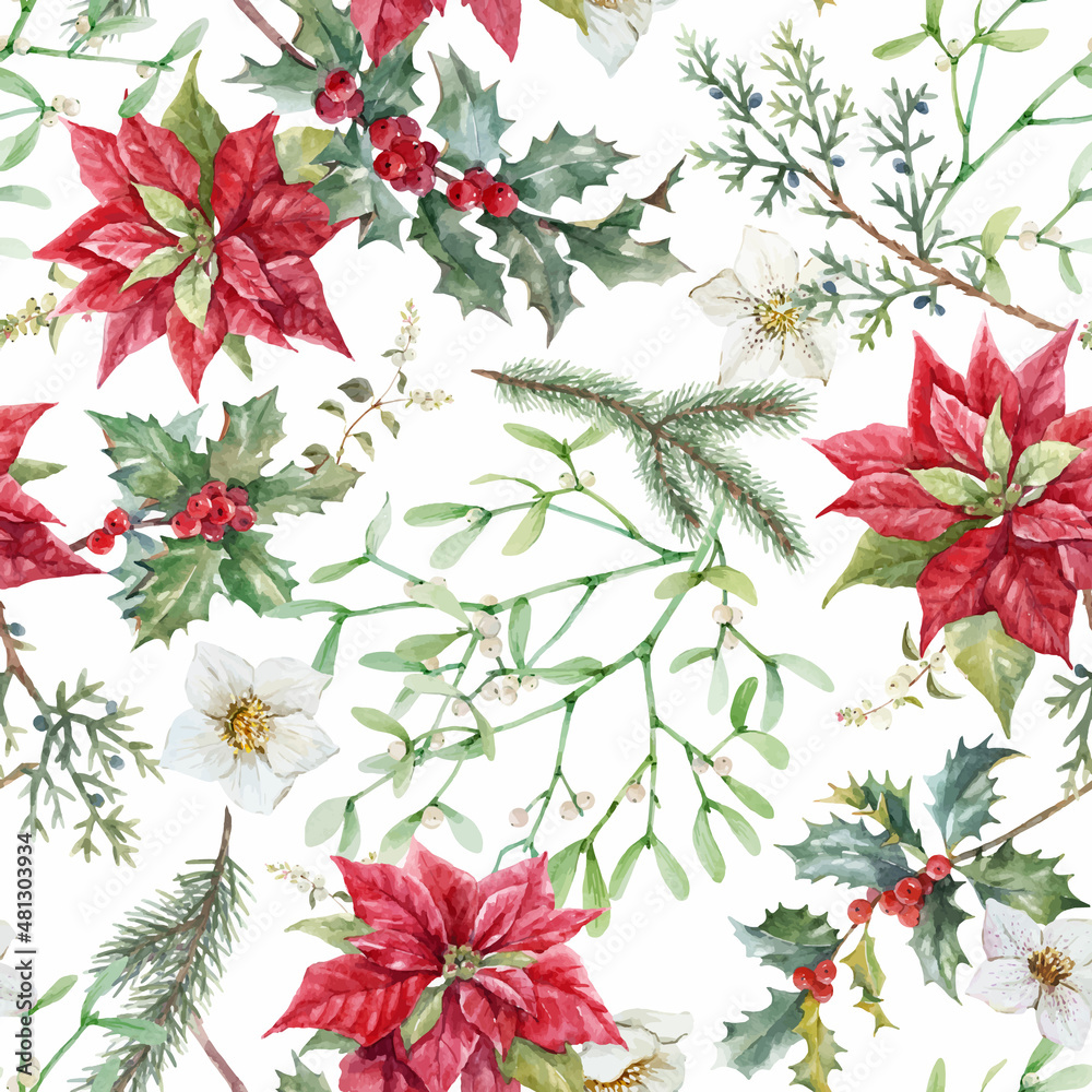 Beautiful vector floral christmas seamless pattern with hand drawn watercolor winter flowers such as red poinsettia holly. Stock 2022 winter illustration. Beautiful vector floral christmas seamless pattern with hand drawn watercolor winter flowers such as red poinsettia holly. Stock 2022 winter illustration.