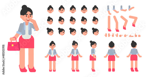 Cheerful woman in red skirt creation kit. Create your own action, pose, animation. Modern vector illustration