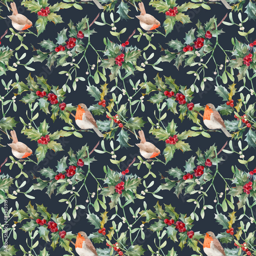Beautiful vector floral christmas seamless pattern with hand drawn watercolor holly branches. Stock 2022 winter illustration.