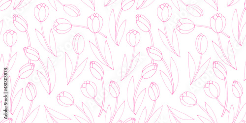 Vector seamless pattern with outline tulip flowers. Hand drawn doodle spring texture, background. For wrapping paper, textile, mother's or women's or Valentine's Day