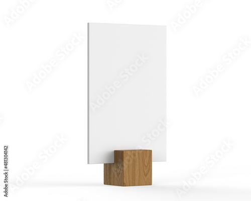 Blank wooden menu holder and buffet riser template, Table tent or table talker mockup template on isolated white background, 3d render illustration. photo