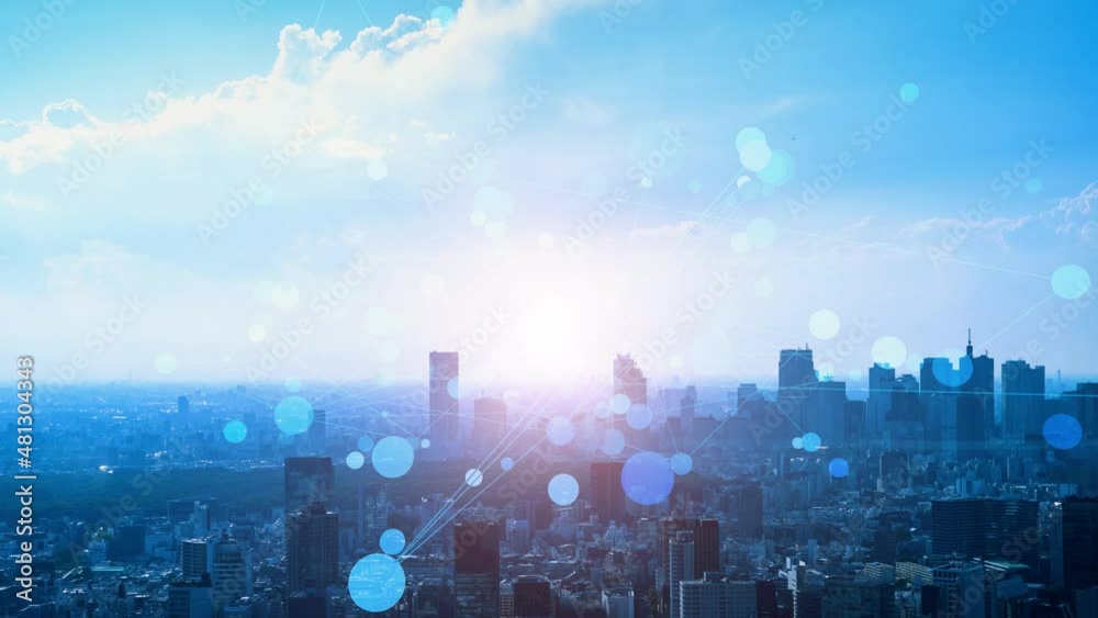 Smart city and communication network concept. 5G. IoT (Internet of Things). Telecommunication.